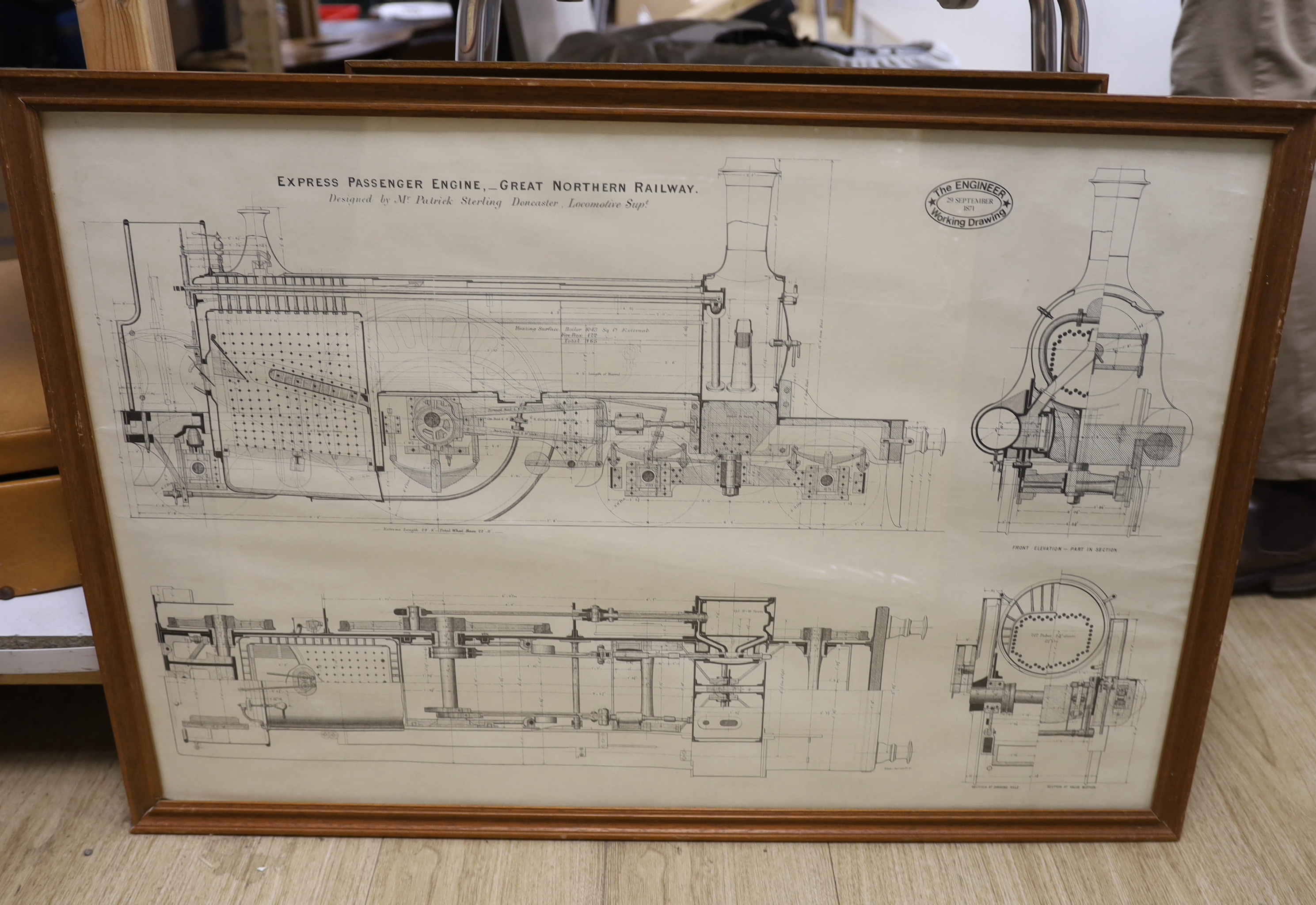 Five framed engineer’s drawings, printed supplements from The Engineer magazine, including; a Cornish Pumping Engine, North London Railway 4-wheel carriage, Sterling Single locomotive, etc. largest 58.5 x 85.5cm